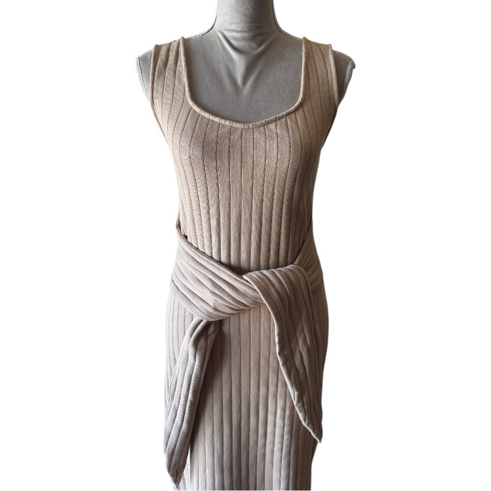 Sancia Ribbed Knit Maxi Dress XS Tan Beige Cotton Sleeveless Belted Tie Front - Picture 4 of 9